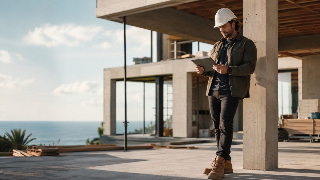 A builder checking plans on a tablet at a Sydney construction site